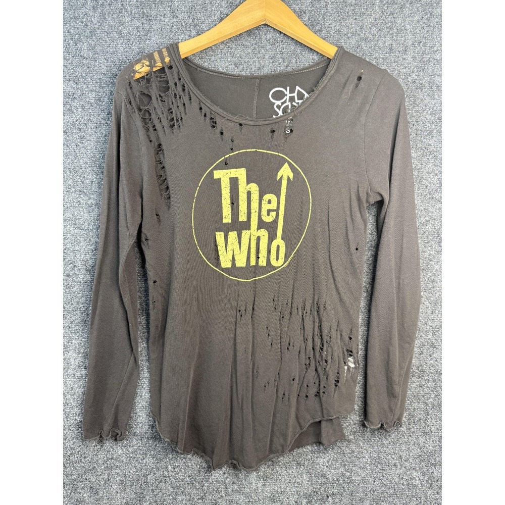 Chaser The Who Band Shirt Women's Small Gray Distressed Shredded Long Sleeve